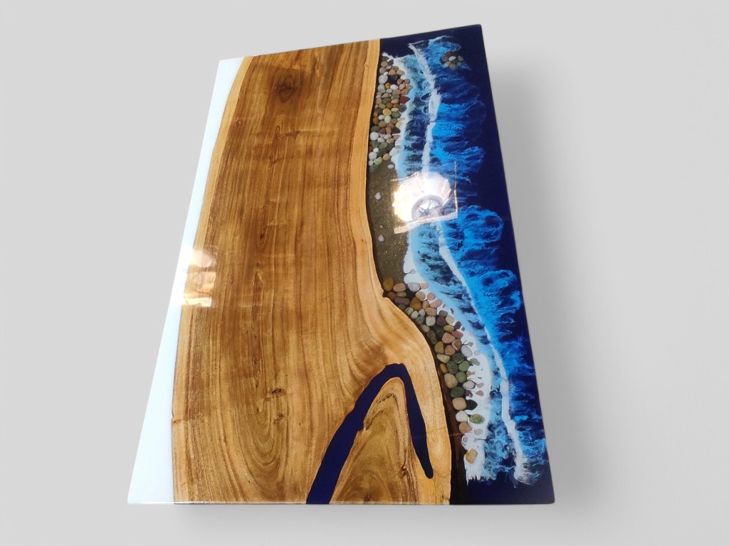 White & Blue Ocean-Inspired Epoxy Resin Acacia Wood Dining Table Custom Made